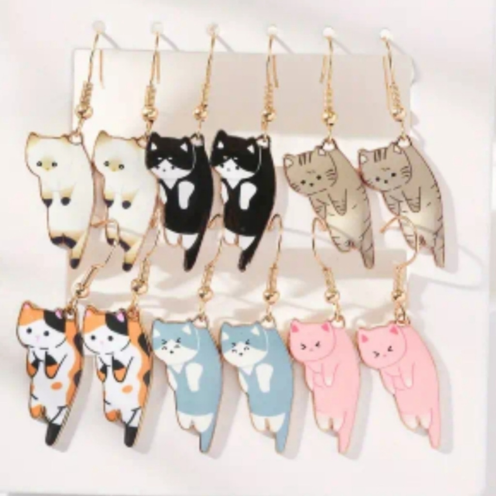 6 Pairs of Cute Colorful Cat Design Dangle Earrings Cartoon Style
